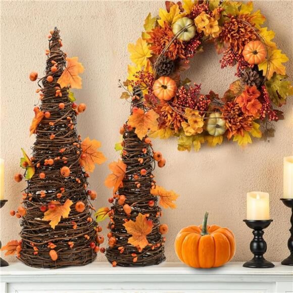 CRCZK 16inch Fall Tree Decoration Indoor, 2PCS Artifical Autumn Rattan Pumpkins - Picture 2 of 8
